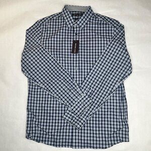 Michael Kors Mens Tailored Fit Blue Dark Plaid Long Sleeve Shirt Size Large
